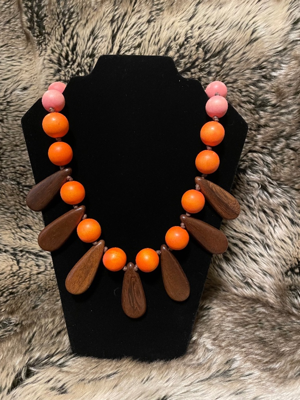 Gerard Yosca Vintage  Necklace/ Handcrafted w/ Pink, Orange & Rose Wooden Beads